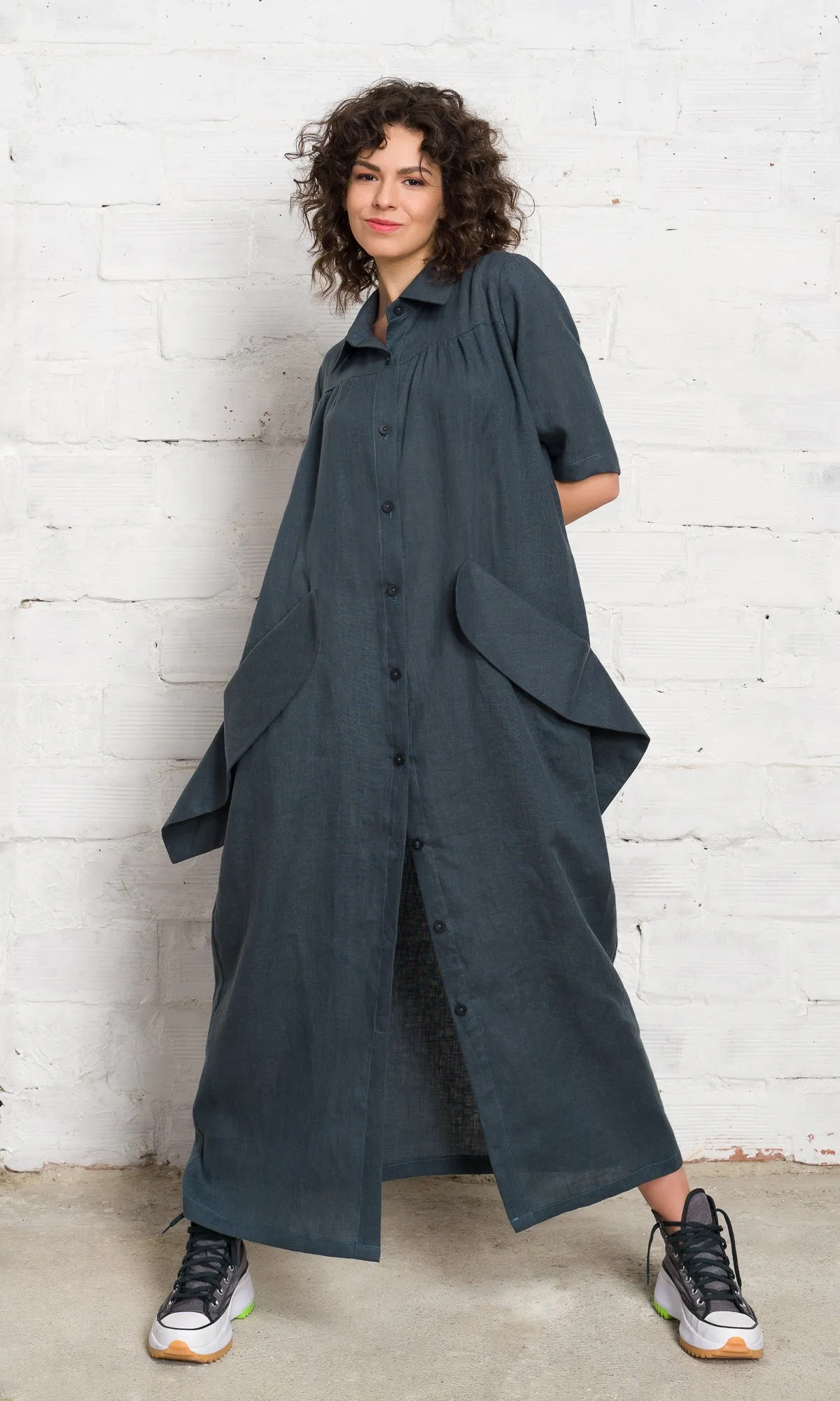 Linen Shirt Dress with Flap Pockets