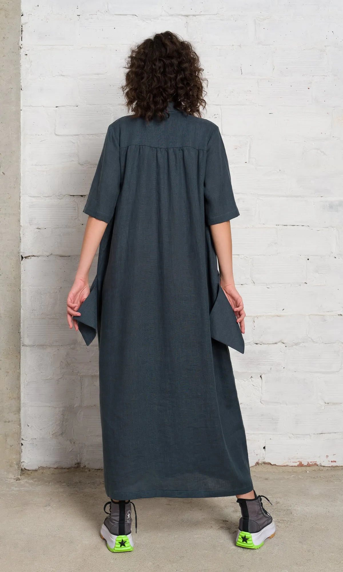 Linen Shirt Dress with Flap Pockets