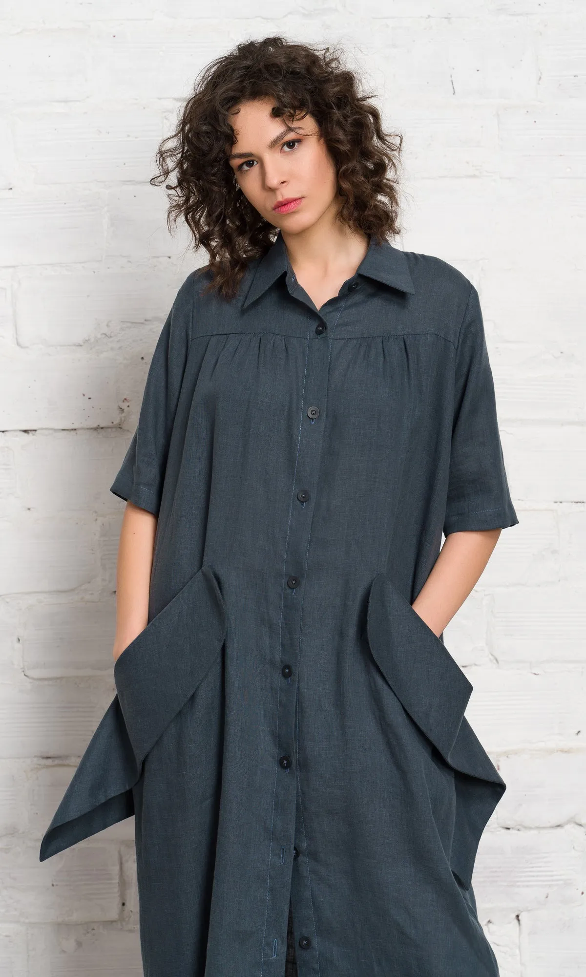 Linen Shirt Dress with Flap Pockets