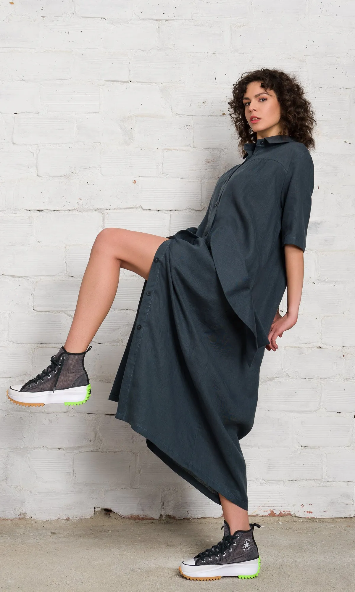 Linen Shirt Dress with Flap Pockets