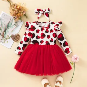 Little Girl's Long Sleeve Dress 2022 New Children's Valentine's Day Love Pattern Mosaic Mesh Dress