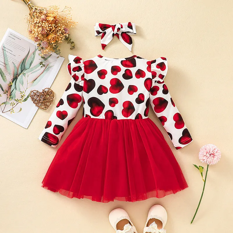 Little Girl's Long Sleeve Dress 2022 New Children's Valentine's Day Love Pattern Mosaic Mesh Dress