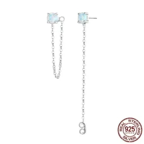 Long Tassel Asymmetric Opal Chain Stud Earrings - 925 Sterling Silver