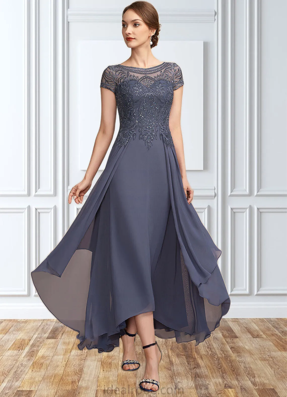 Mabel A-Line Scoop Neck Asymmetrical Chiffon Lace Mother of the Bride Dress With Sequins STK126P0014667