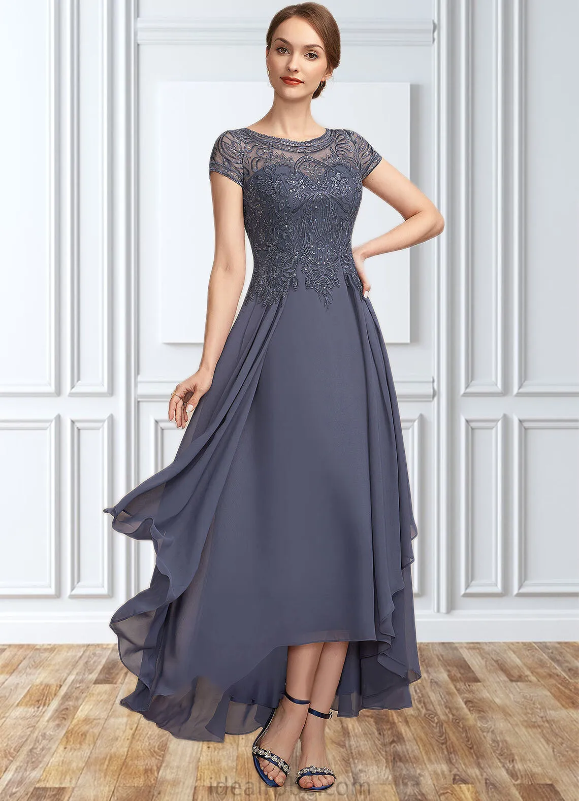 Mabel A-Line Scoop Neck Asymmetrical Chiffon Lace Mother of the Bride Dress With Sequins STK126P0014667