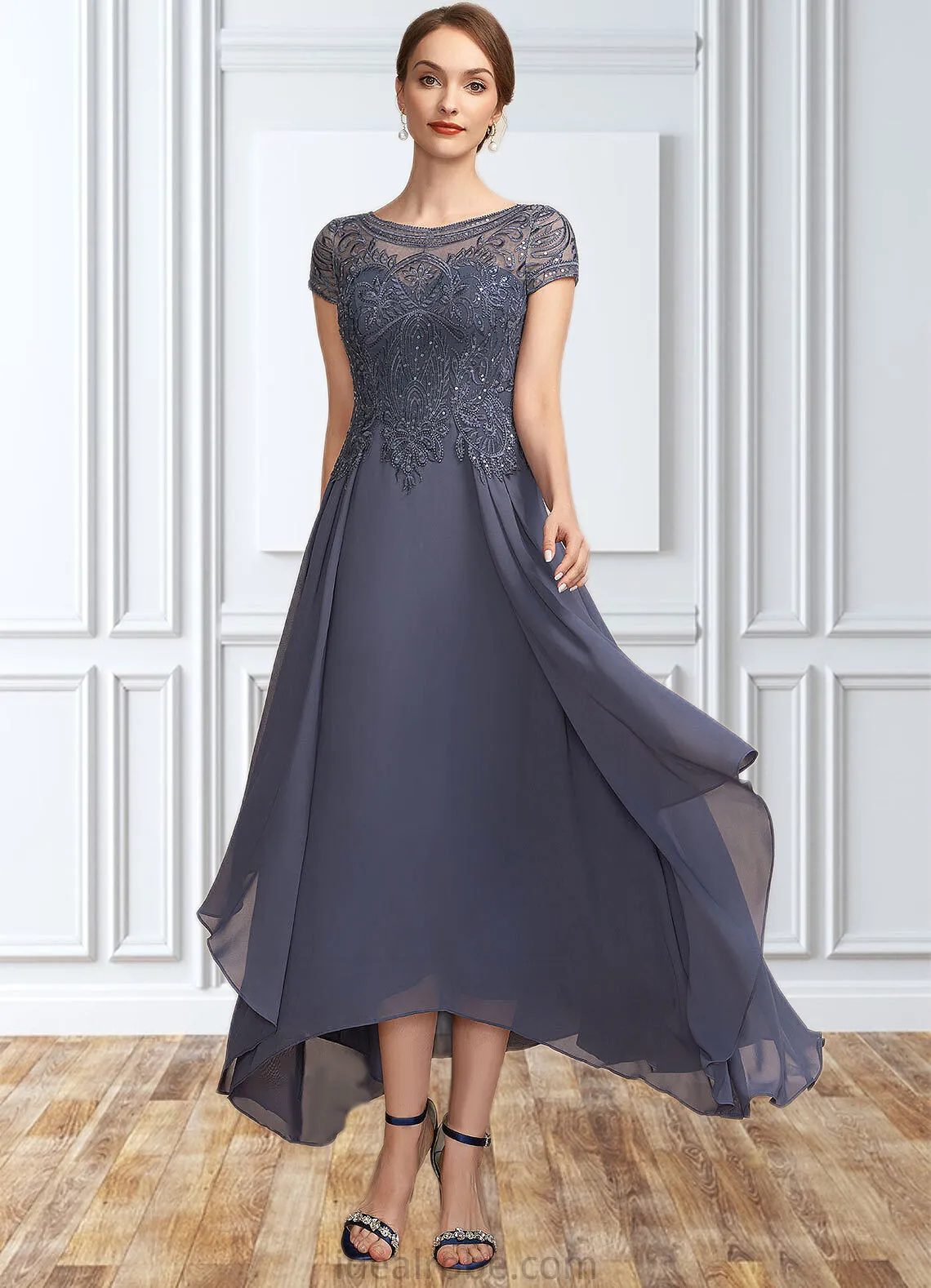 Mabel A-Line Scoop Neck Asymmetrical Chiffon Lace Mother of the Bride Dress With Sequins STK126P0014667