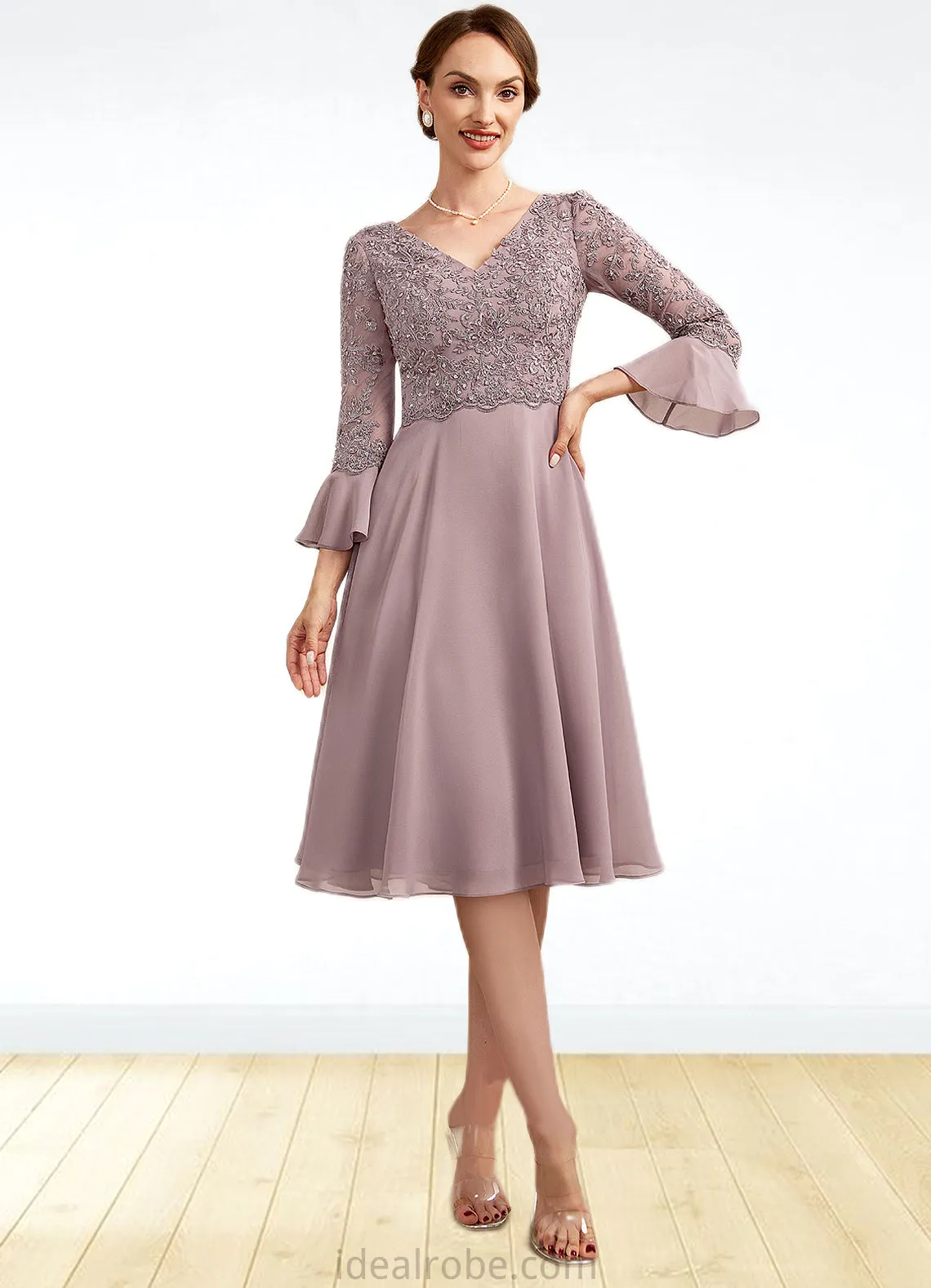 Madelyn A-Line V-neck Knee-Length Chiffon Lace Mother of the Bride Dress With Sequins Cascading Ruffles STK126P0014977