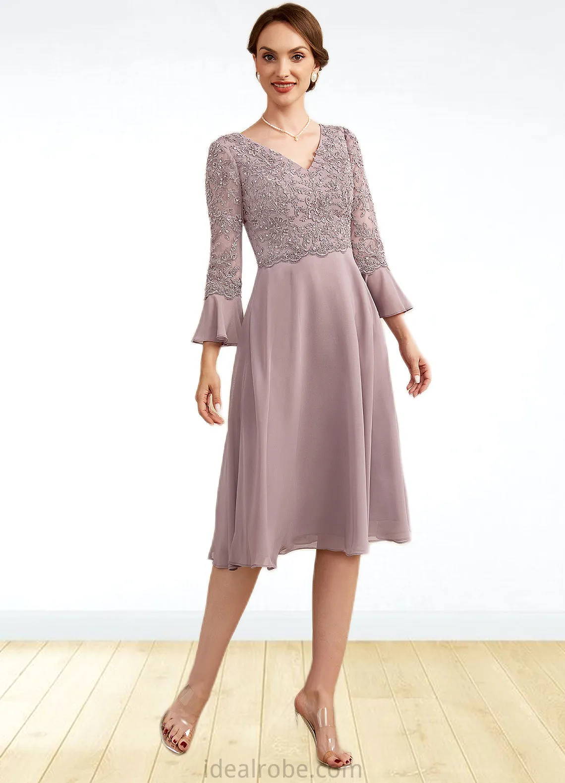 Madelyn A-Line V-neck Knee-Length Chiffon Lace Mother of the Bride Dress With Sequins Cascading Ruffles STK126P0014977