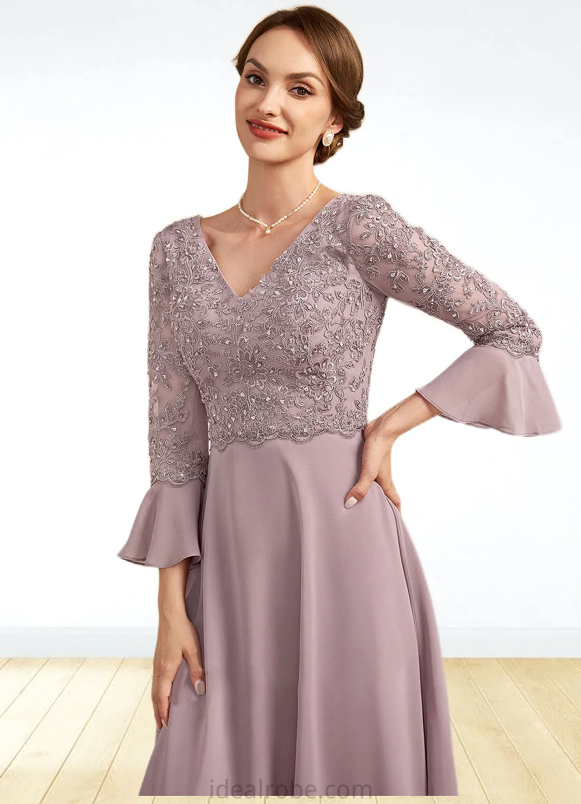 Madelyn A-Line V-neck Knee-Length Chiffon Lace Mother of the Bride Dress With Sequins Cascading Ruffles STK126P0014977