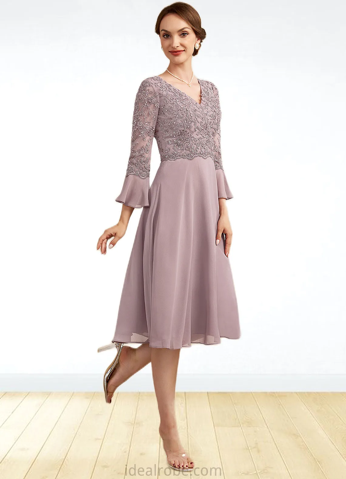 Madelyn A-Line V-neck Knee-Length Chiffon Lace Mother of the Bride Dress With Sequins Cascading Ruffles STK126P0014977