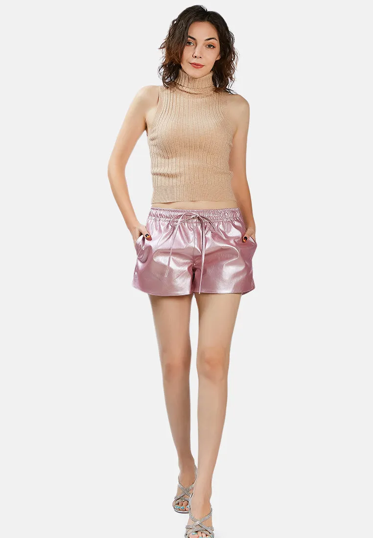 Metallic Faux Leather Drawstring Shorts