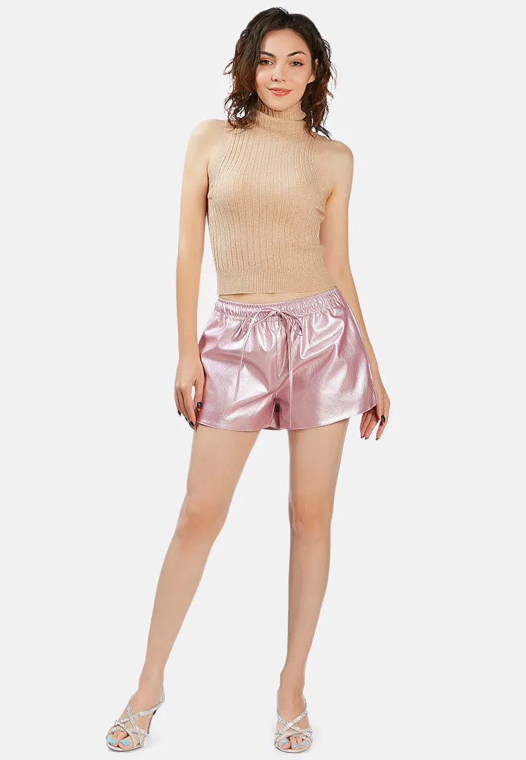 Metallic Faux Leather Drawstring Shorts