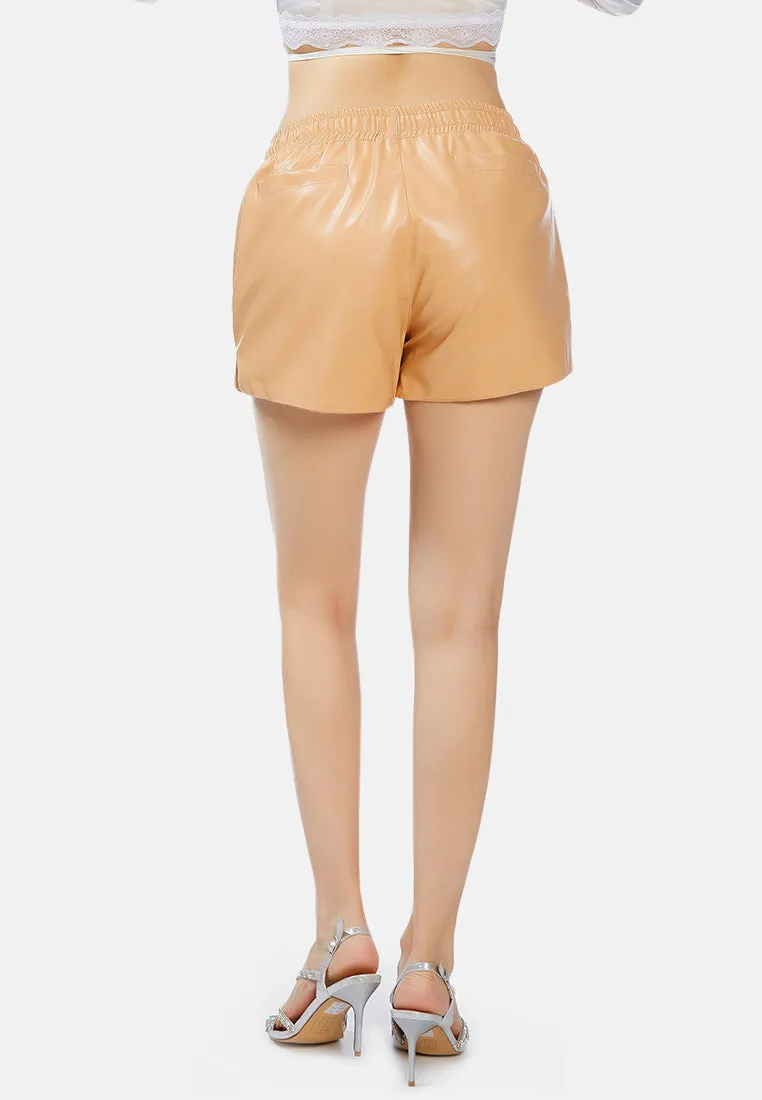 Metallic Faux Leather Drawstring Shorts