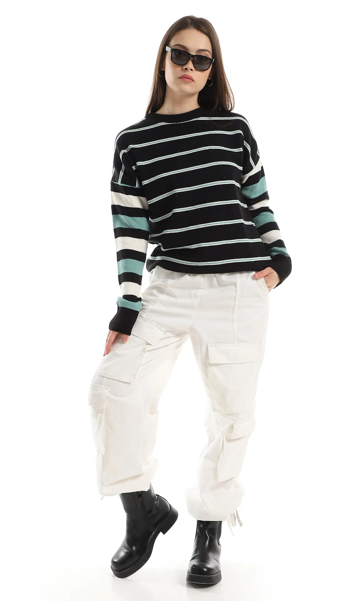 O160299 Striped Oversize Knitted Black , Green & Off White Pullover