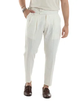 Pantaloni Uomo Classico Gessato Rigato Vita Alta Pinces Abbottonatura Allungata Fibbia Casual Bianco GIOSAL-P6085A