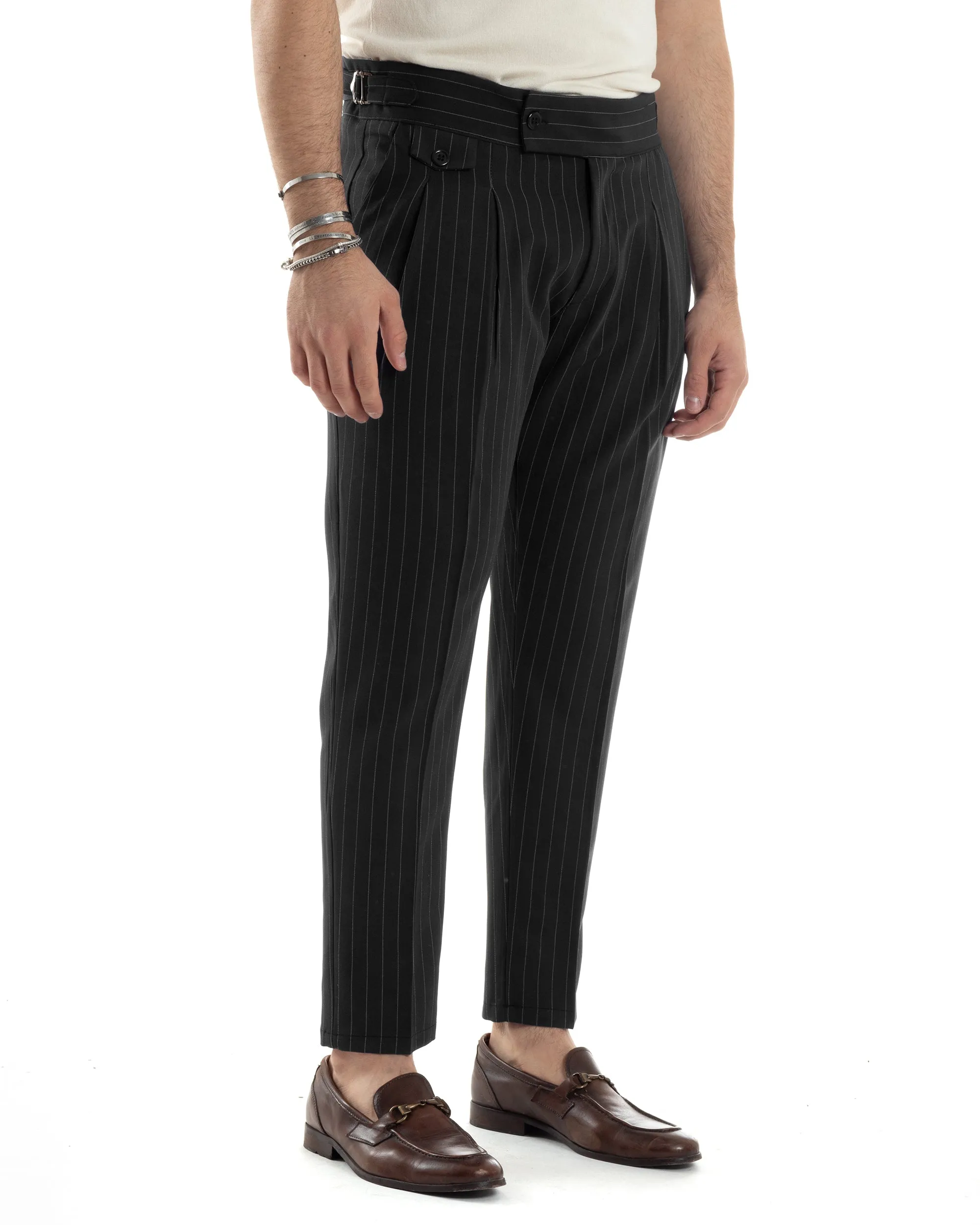 Pantaloni Uomo Classico Gessato Rigato Vita Alta Pinces Abbottonatura Allungata Fibbia Casual Nero GIOSAL-P6086A