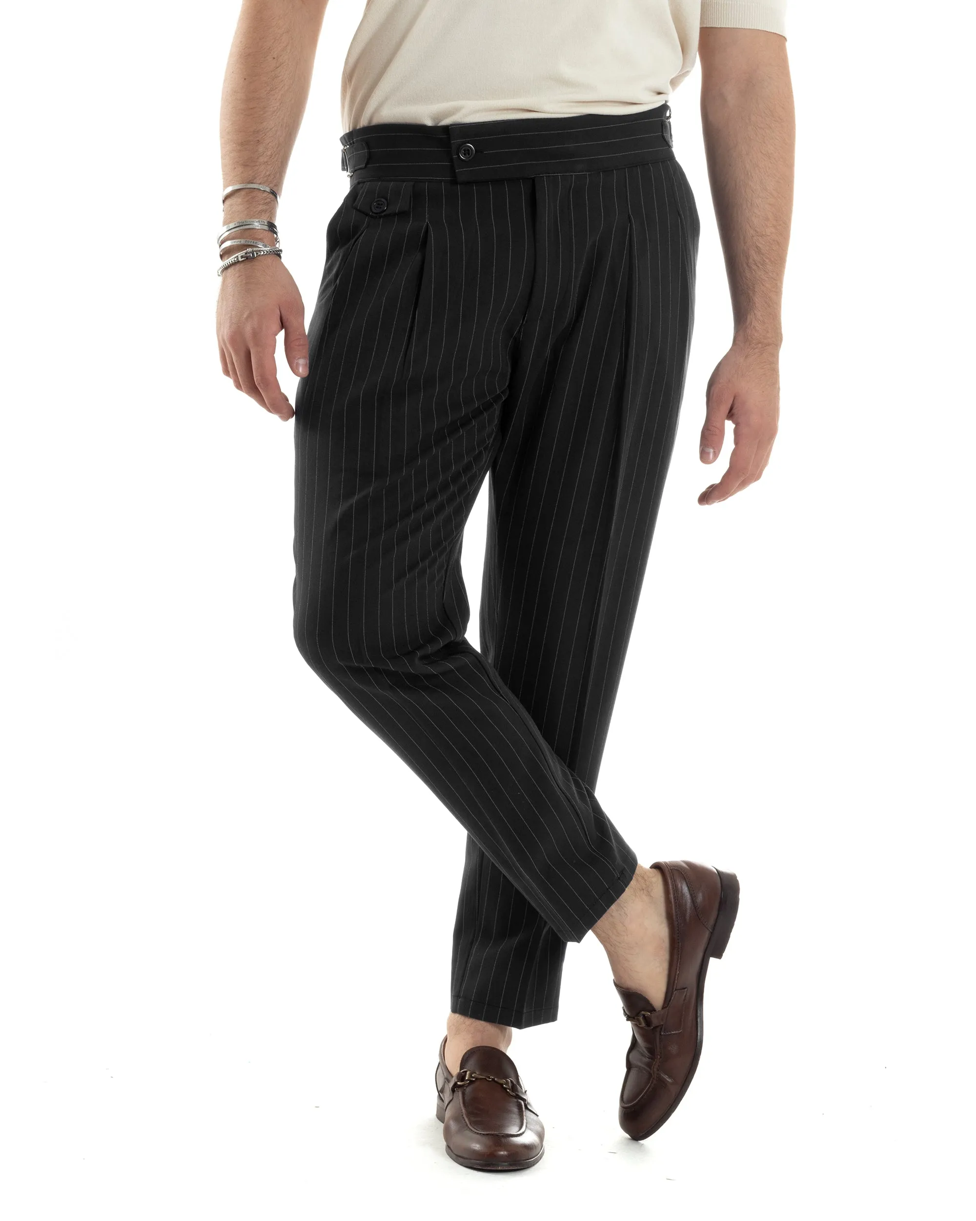 Pantaloni Uomo Classico Gessato Rigato Vita Alta Pinces Abbottonatura Allungata Fibbia Casual Nero GIOSAL-P6086A