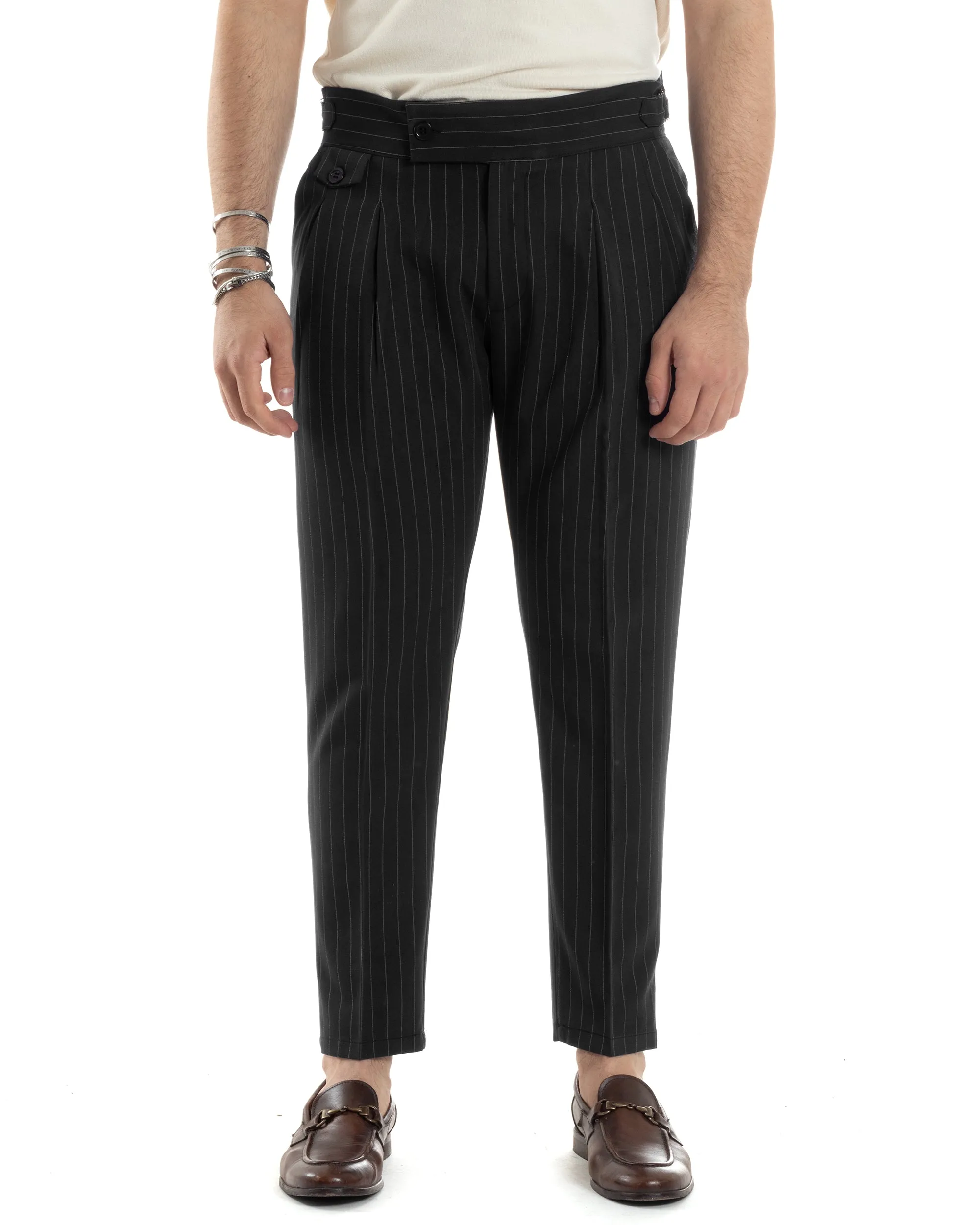 Pantaloni Uomo Classico Gessato Rigato Vita Alta Pinces Abbottonatura Allungata Fibbia Casual Nero GIOSAL-P6086A