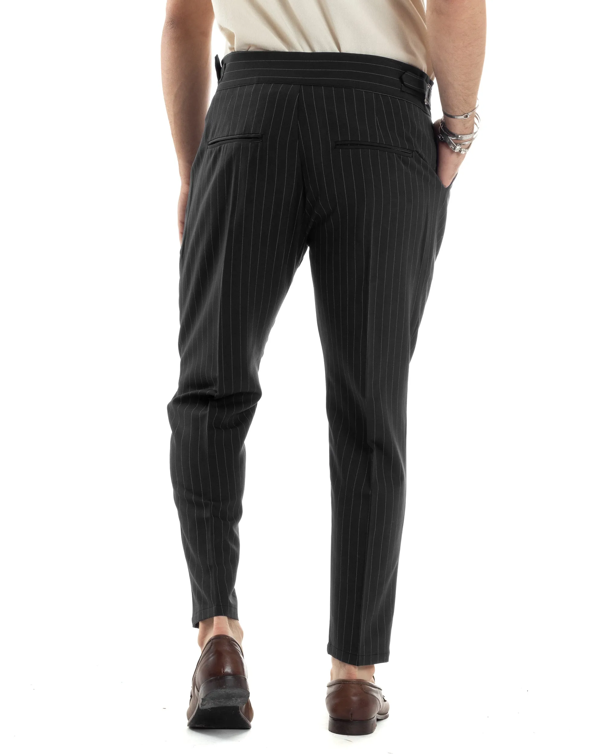 Pantaloni Uomo Classico Gessato Rigato Vita Alta Pinces Abbottonatura Allungata Fibbia Casual Nero GIOSAL-P6086A