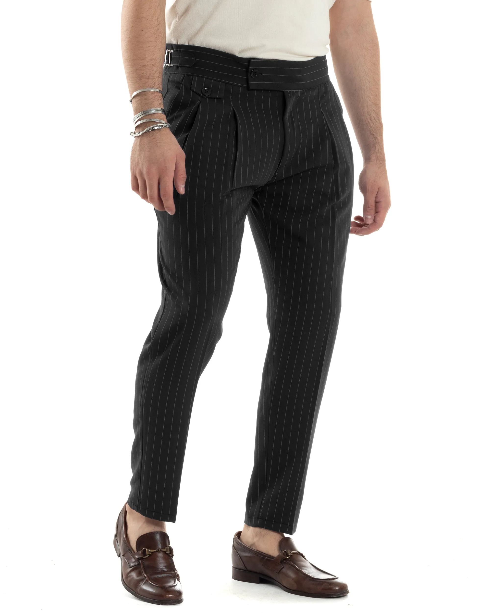 Pantaloni Uomo Classico Gessato Rigato Vita Alta Pinces Abbottonatura Allungata Fibbia Casual Nero GIOSAL-P6086A