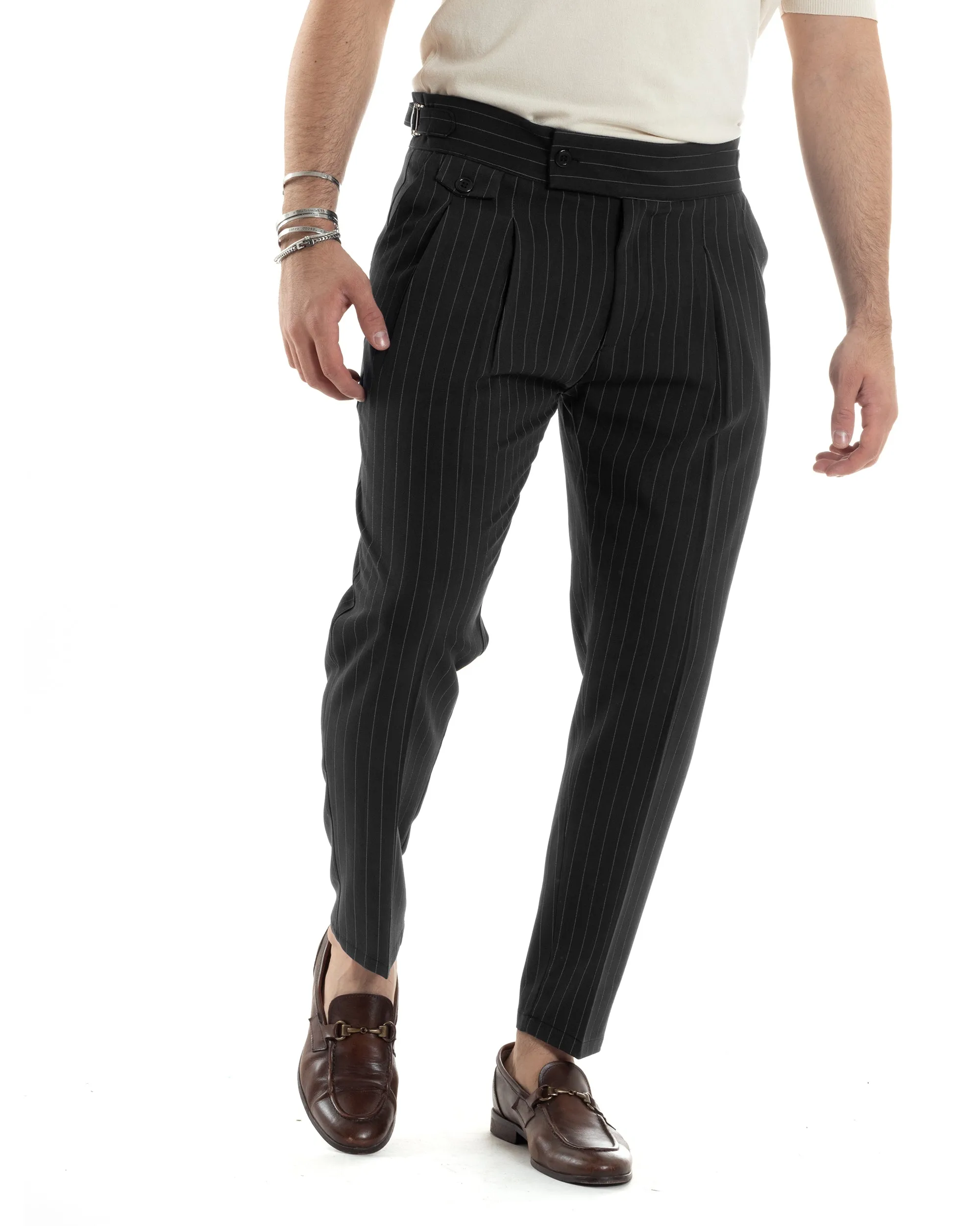 Pantaloni Uomo Classico Gessato Rigato Vita Alta Pinces Abbottonatura Allungata Fibbia Casual Nero GIOSAL-P6086A