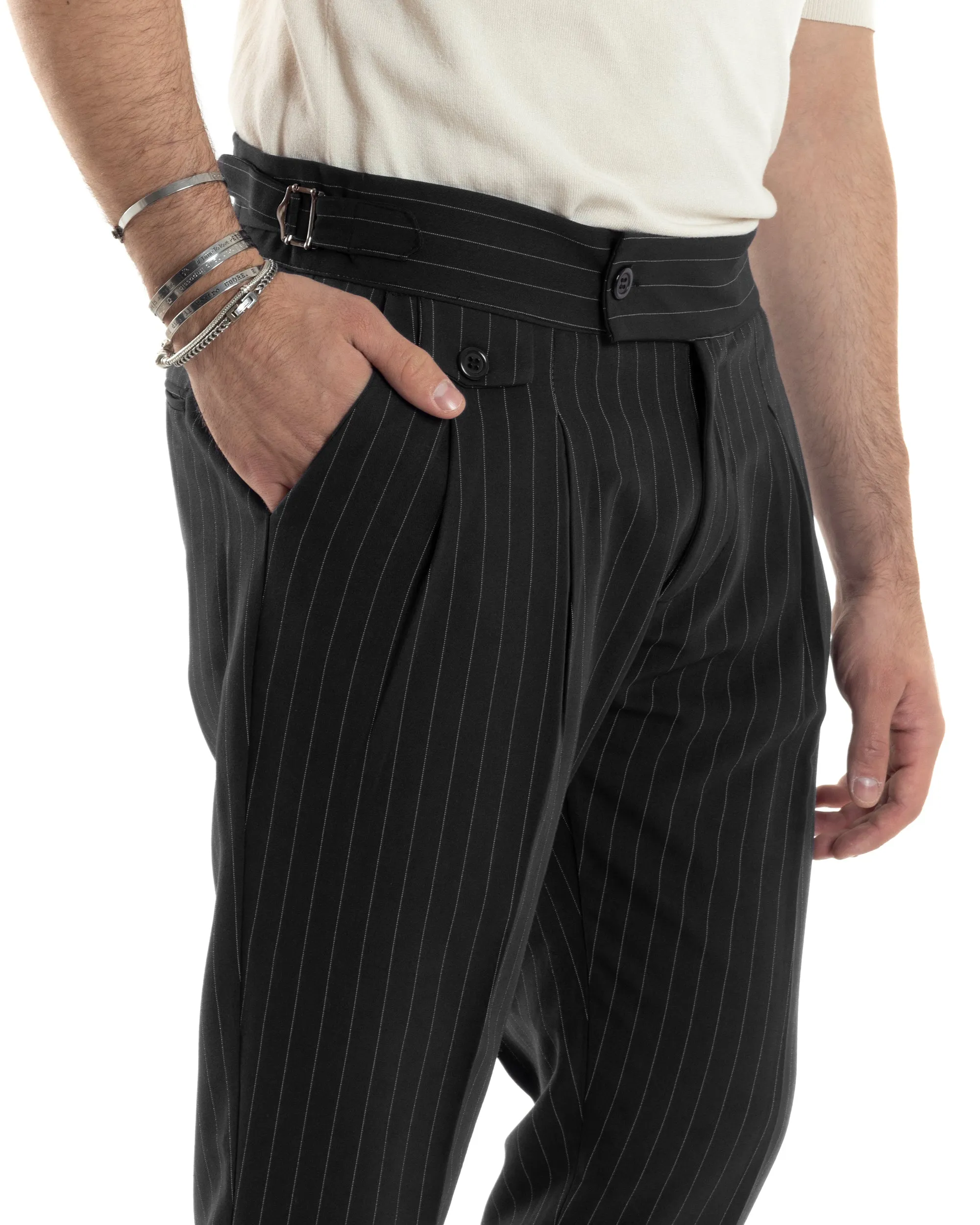 Pantaloni Uomo Classico Gessato Rigato Vita Alta Pinces Abbottonatura Allungata Fibbia Casual Nero GIOSAL-P6086A