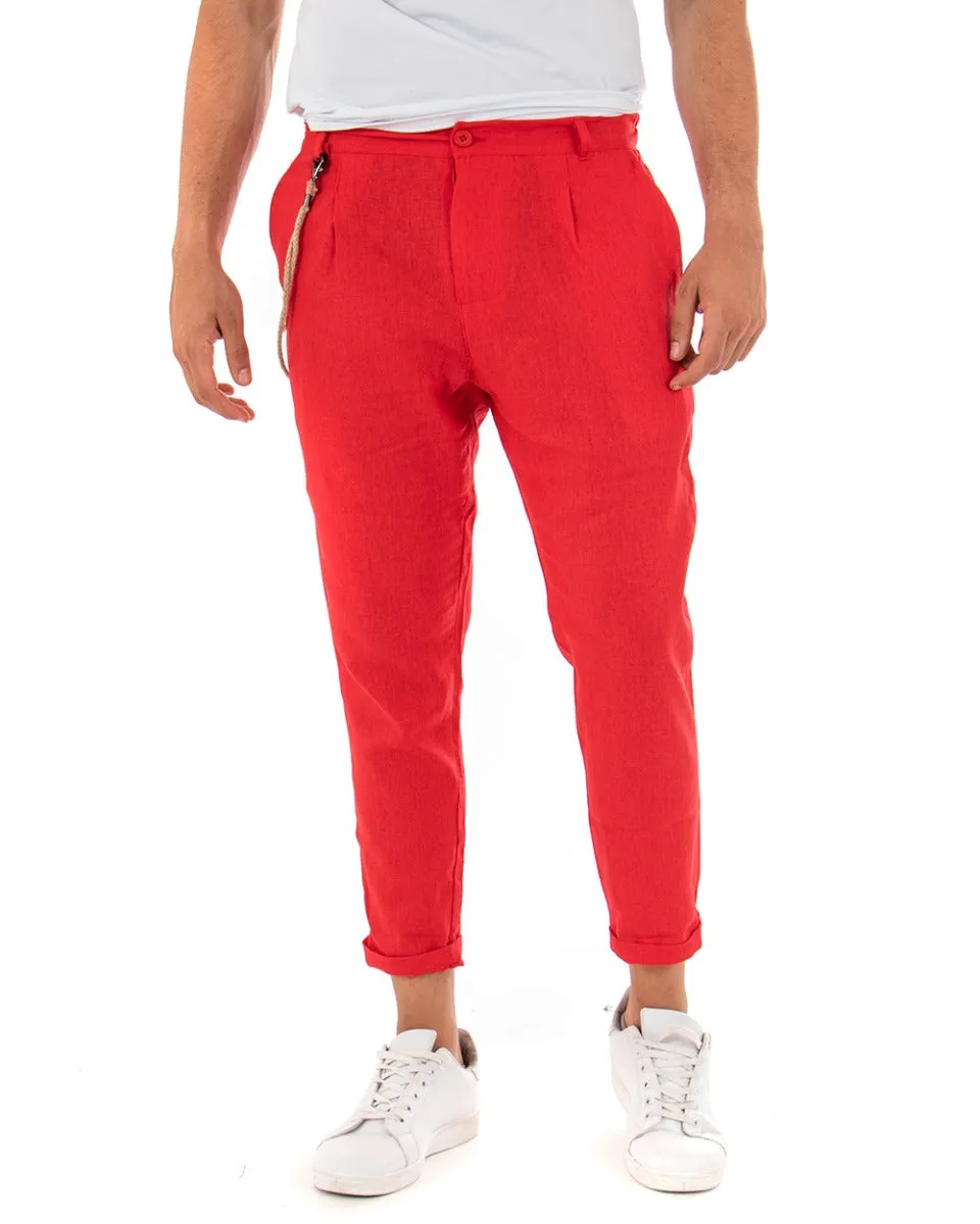 Pantaloni Uomo In Lino Tasca America Classico Sartoriale Comodo Casual Tinta Unita Rosso GIOSAL-P3838A