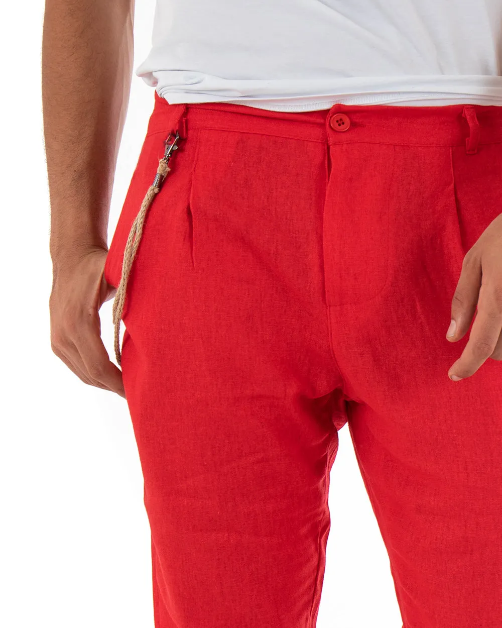 Pantaloni Uomo In Lino Tasca America Classico Sartoriale Comodo Casual Tinta Unita Rosso GIOSAL-P3838A