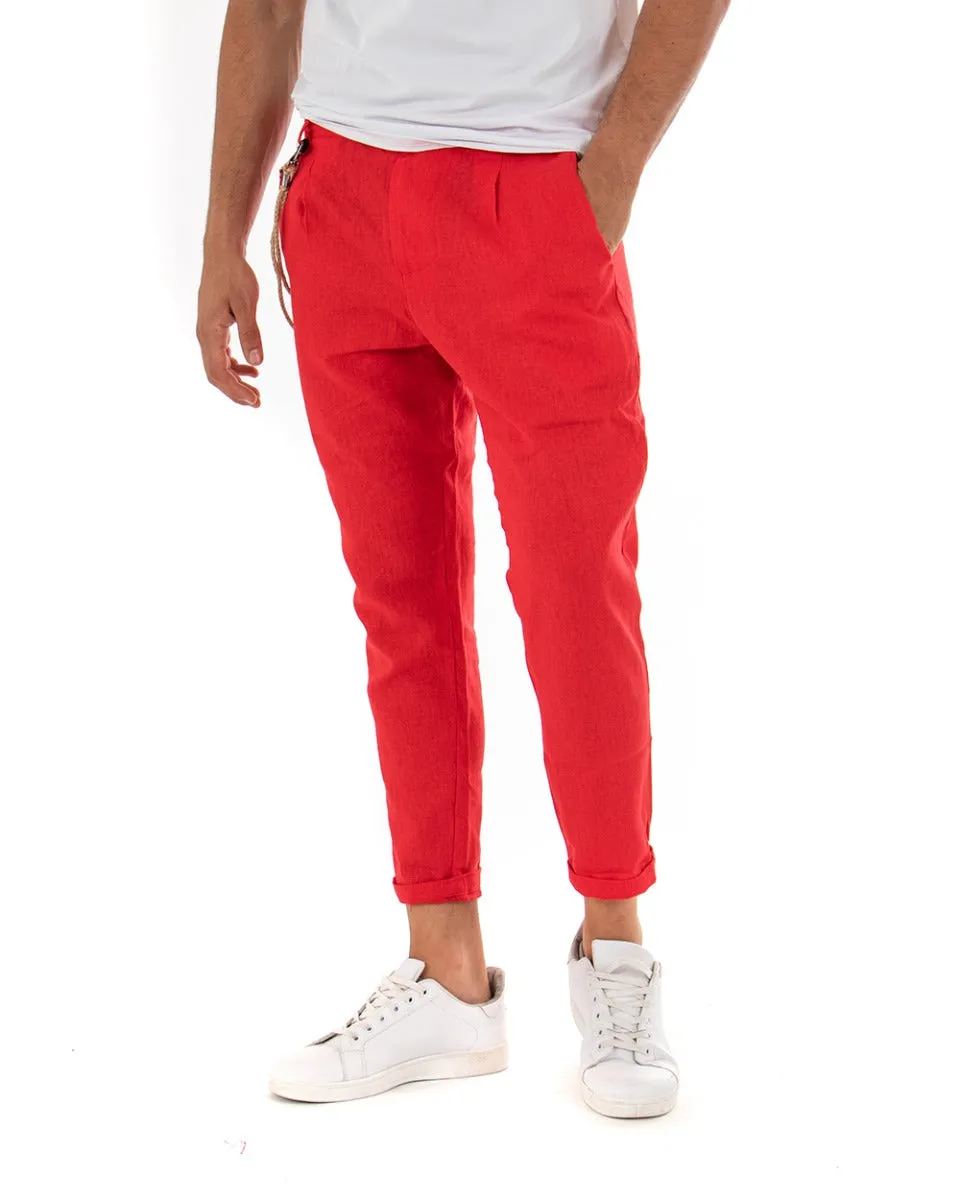 Pantaloni Uomo In Lino Tasca America Classico Sartoriale Comodo Casual Tinta Unita Rosso GIOSAL-P3838A