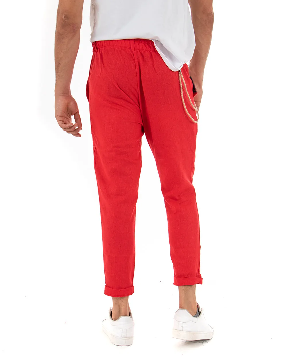 Pantaloni Uomo In Lino Tasca America Classico Sartoriale Comodo Casual Tinta Unita Rosso GIOSAL-P3838A