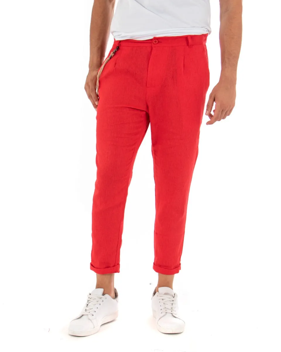 Pantaloni Uomo In Lino Tasca America Classico Sartoriale Comodo Casual Tinta Unita Rosso GIOSAL-P3838A