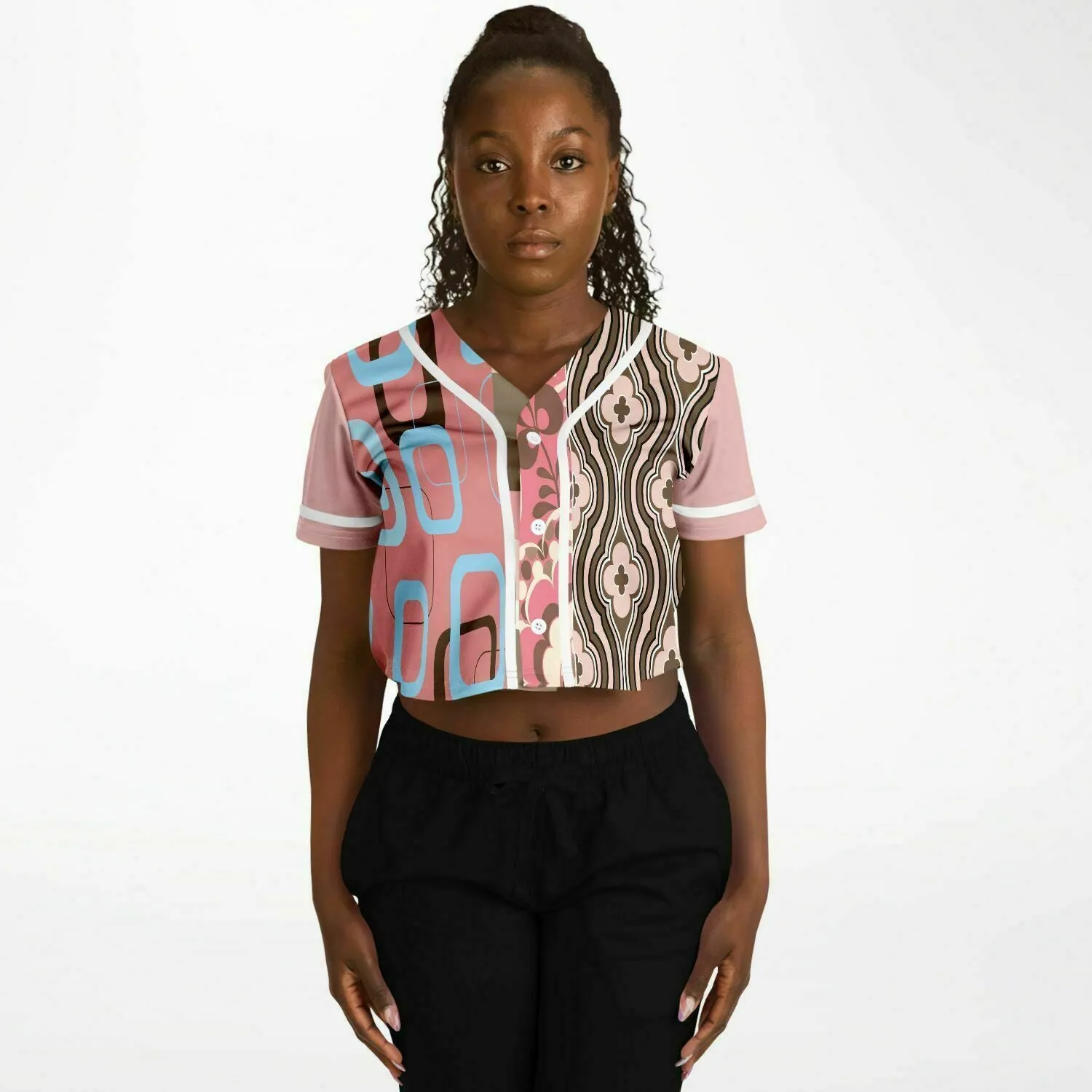 Pink Geo Patchwork Cropped Button Front Jersey