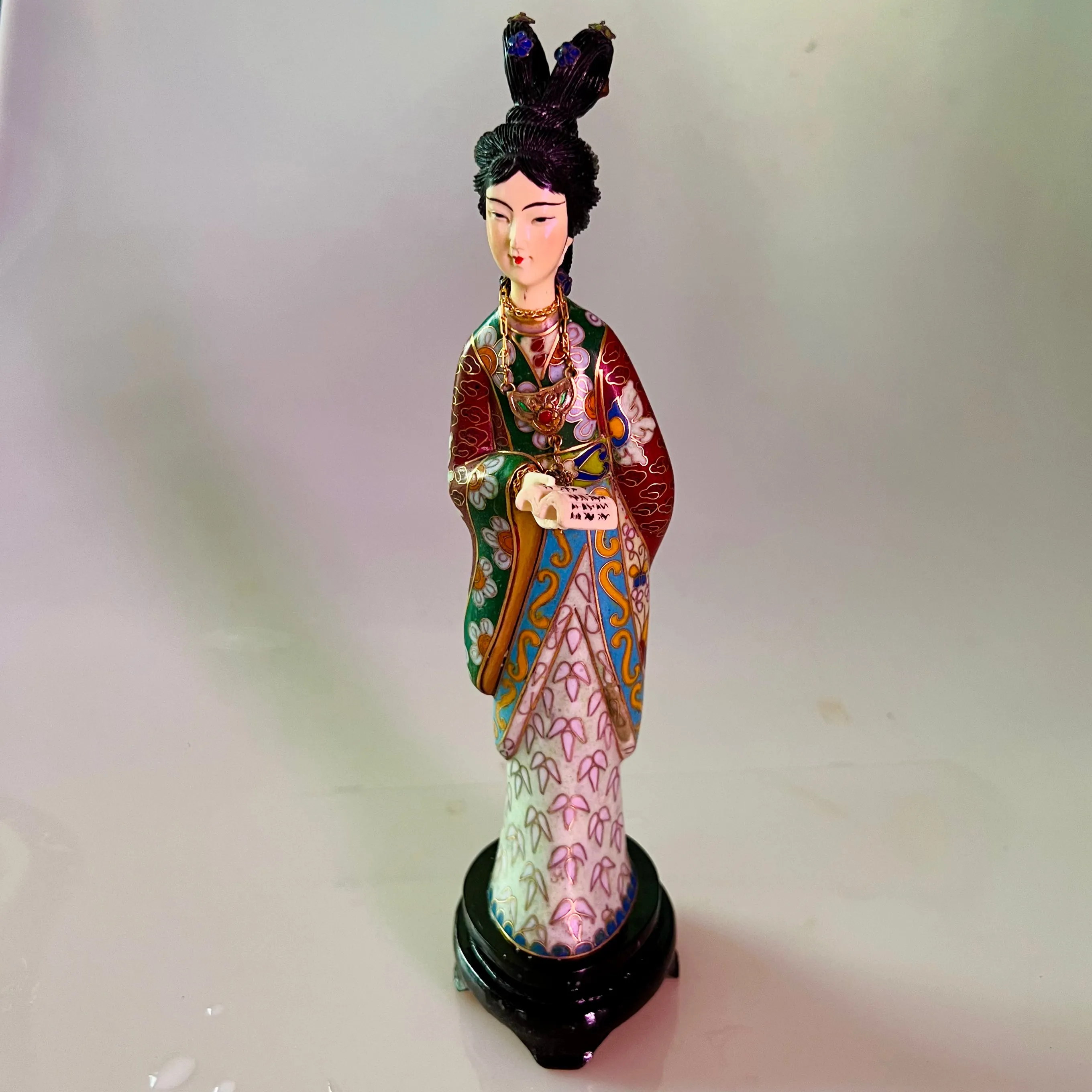 Red Chamber Cloisonne Statue Holding Book