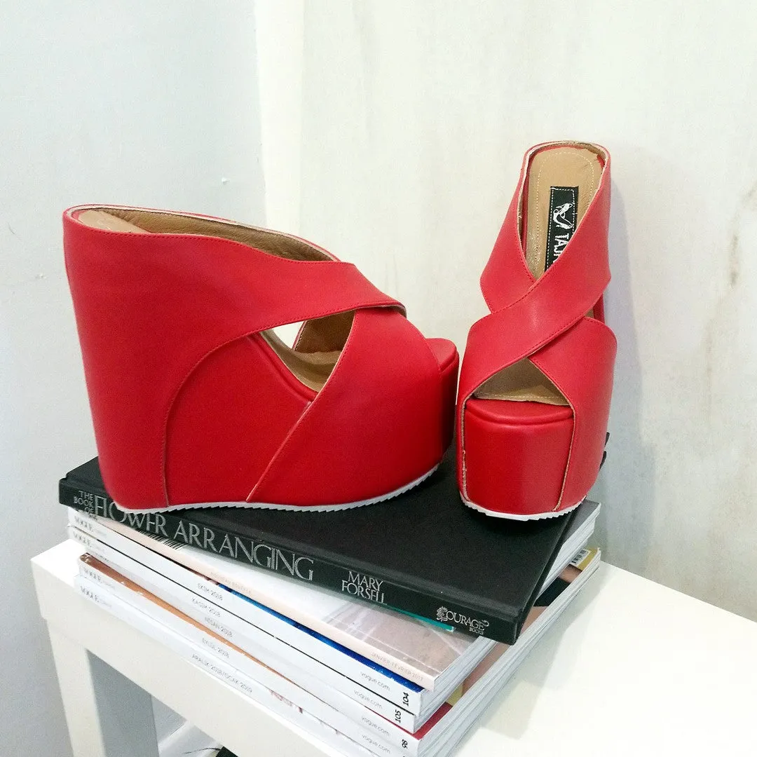 Red Cross High Heel Wedge Platform Mules