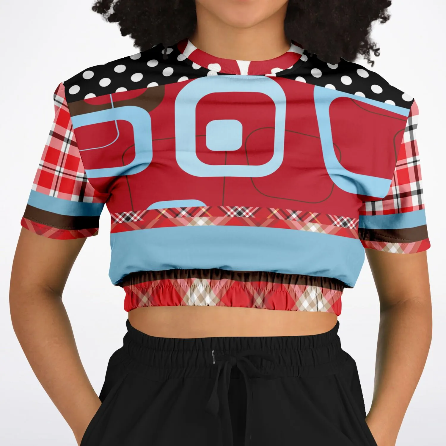 Red Pacific Palisades Plaid Short Sleeve Cropped Eco-Poly Sweater