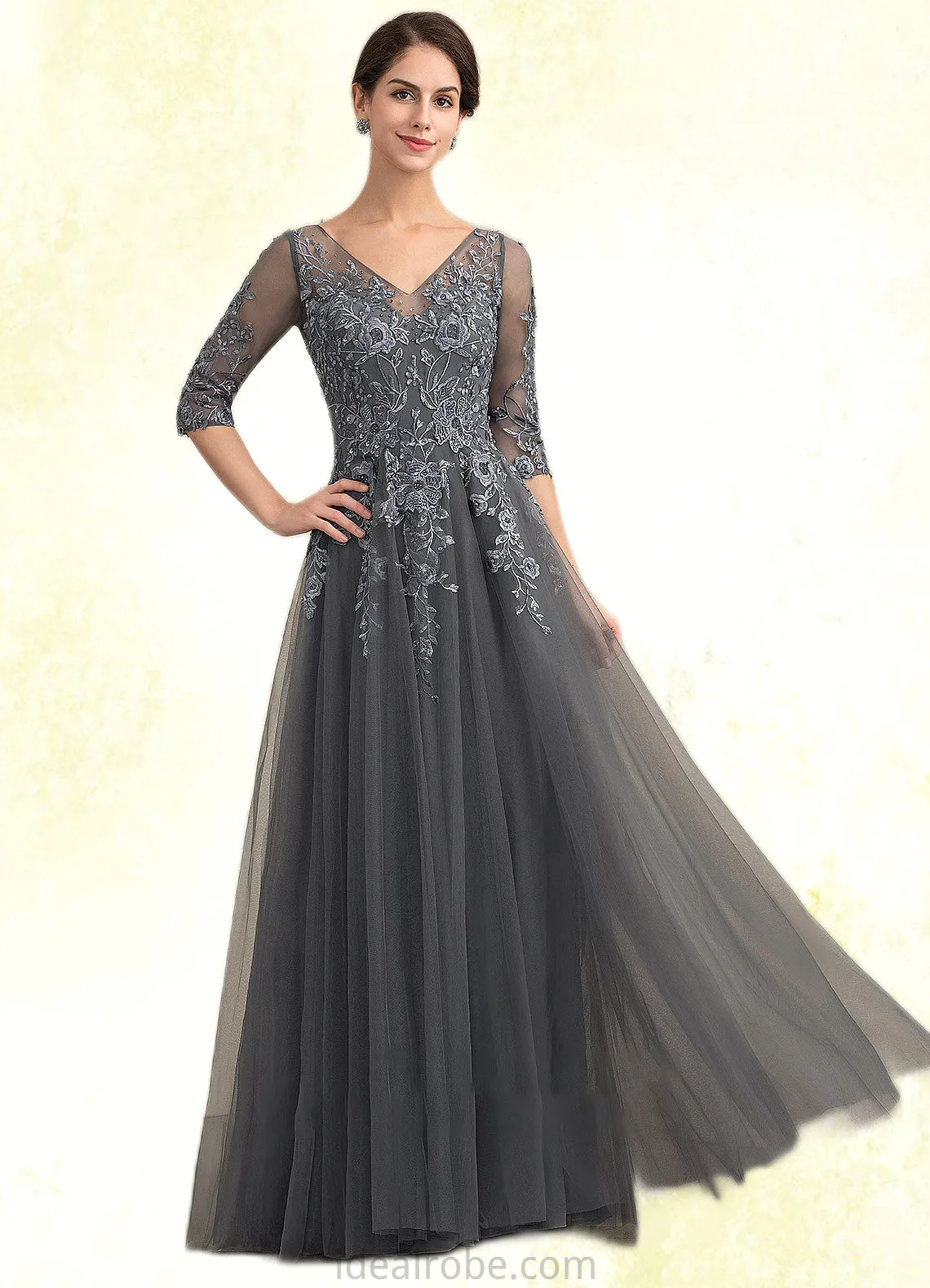 Reese A-Line V-neck Floor-Length Tulle Lace Mother of the Bride Dress With Beading Sequins STK126P0014895