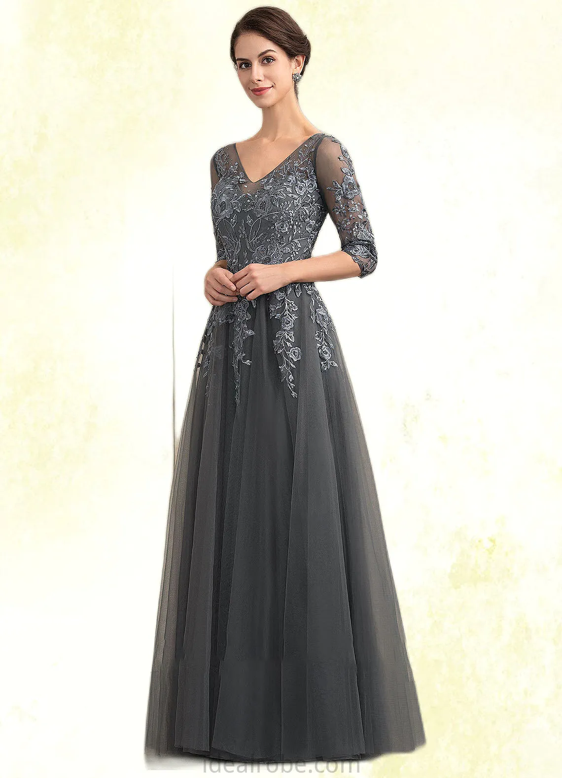 Reese A-Line V-neck Floor-Length Tulle Lace Mother of the Bride Dress With Beading Sequins STK126P0014895