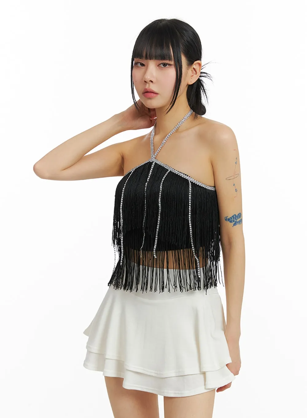 Rhinestone Tassel Halter Crop Top IM414