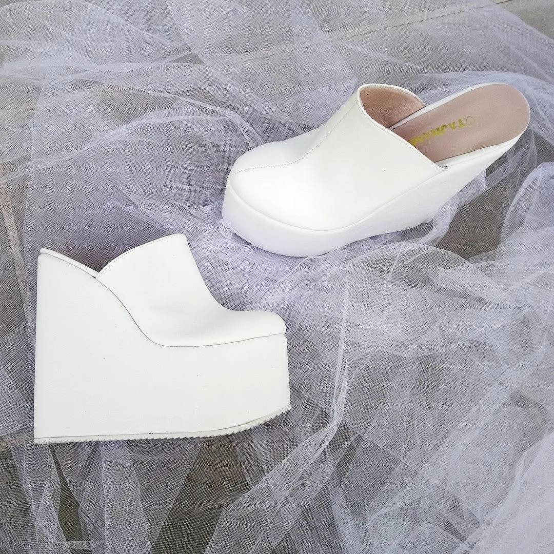 Sabo White  High Heel Wedge Mules