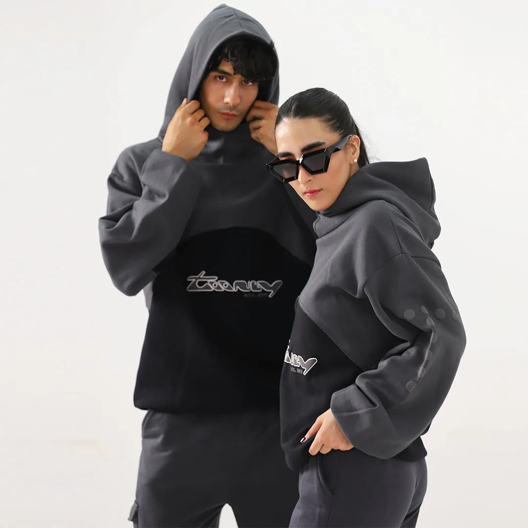 Smoky Oversized Boxy Funnel Spliced Hoodie