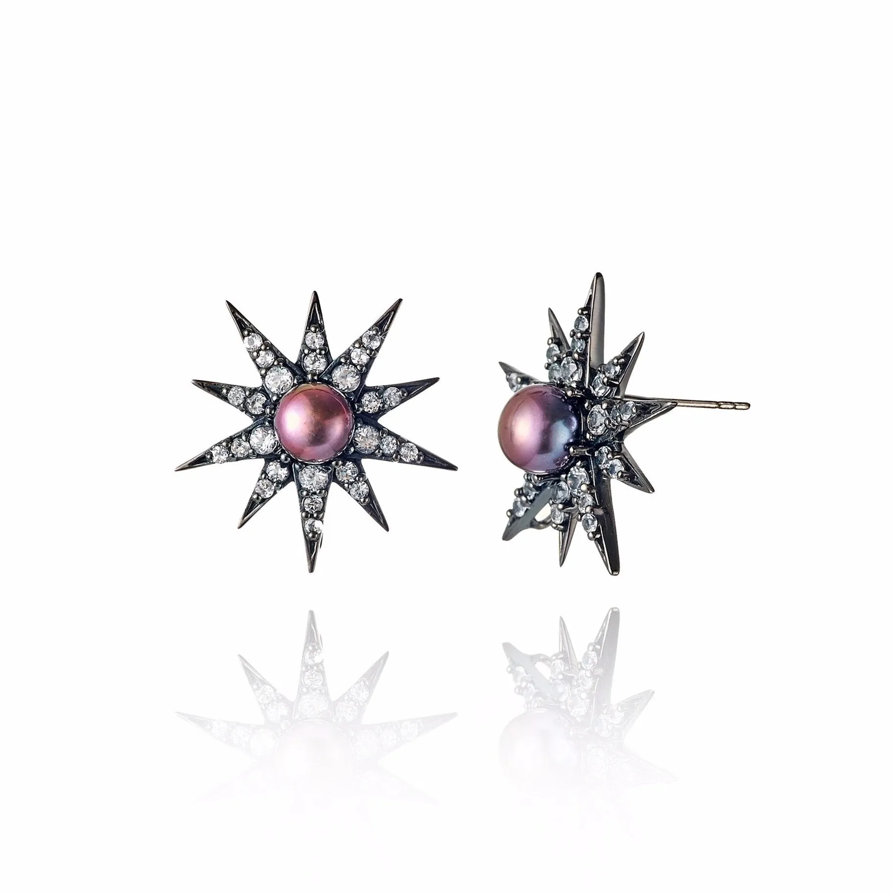 Sterling Silver Stud Earrings With White Topaz & Black Pearl