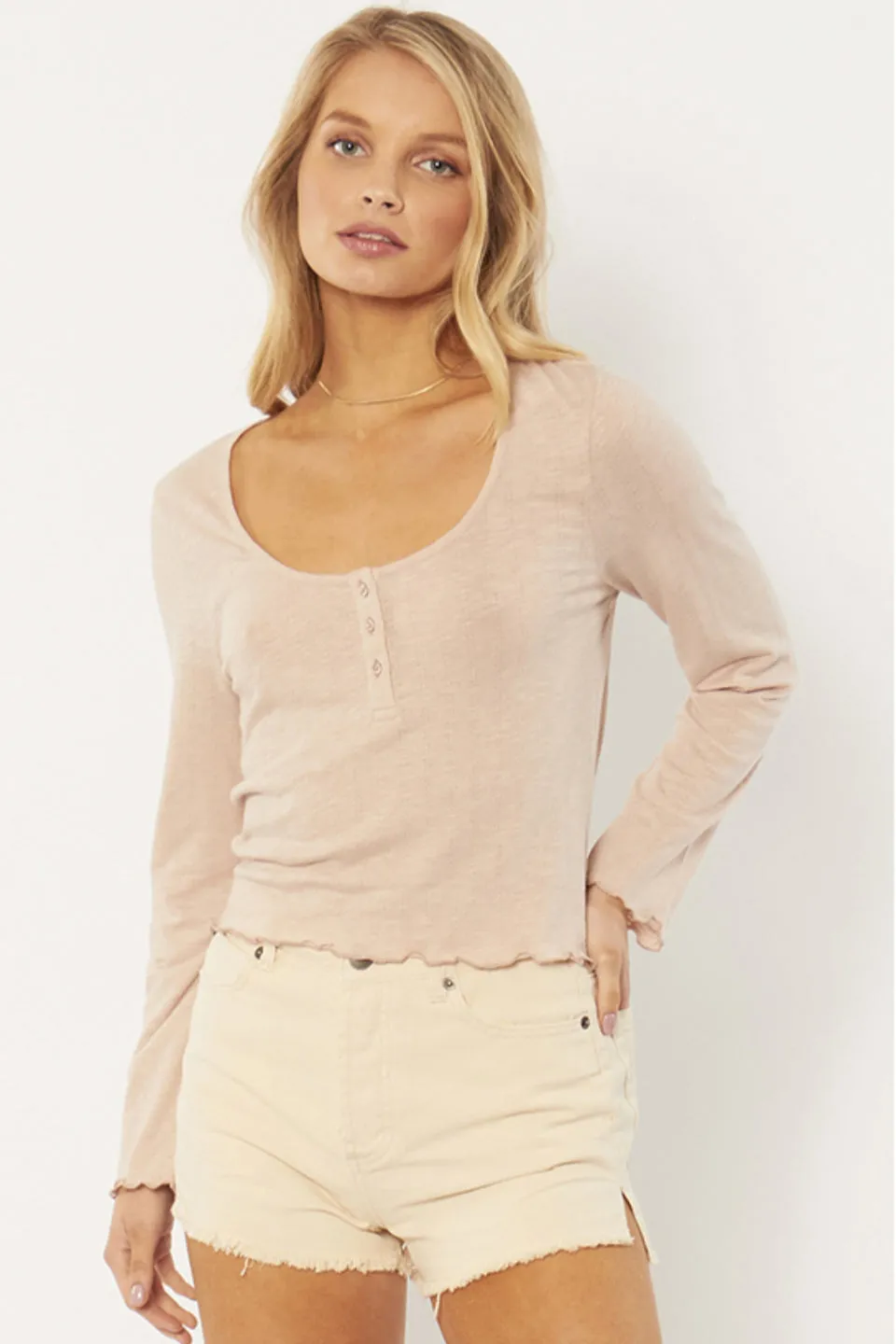 Sullivan Button Front Crop Mushroom Knit Top