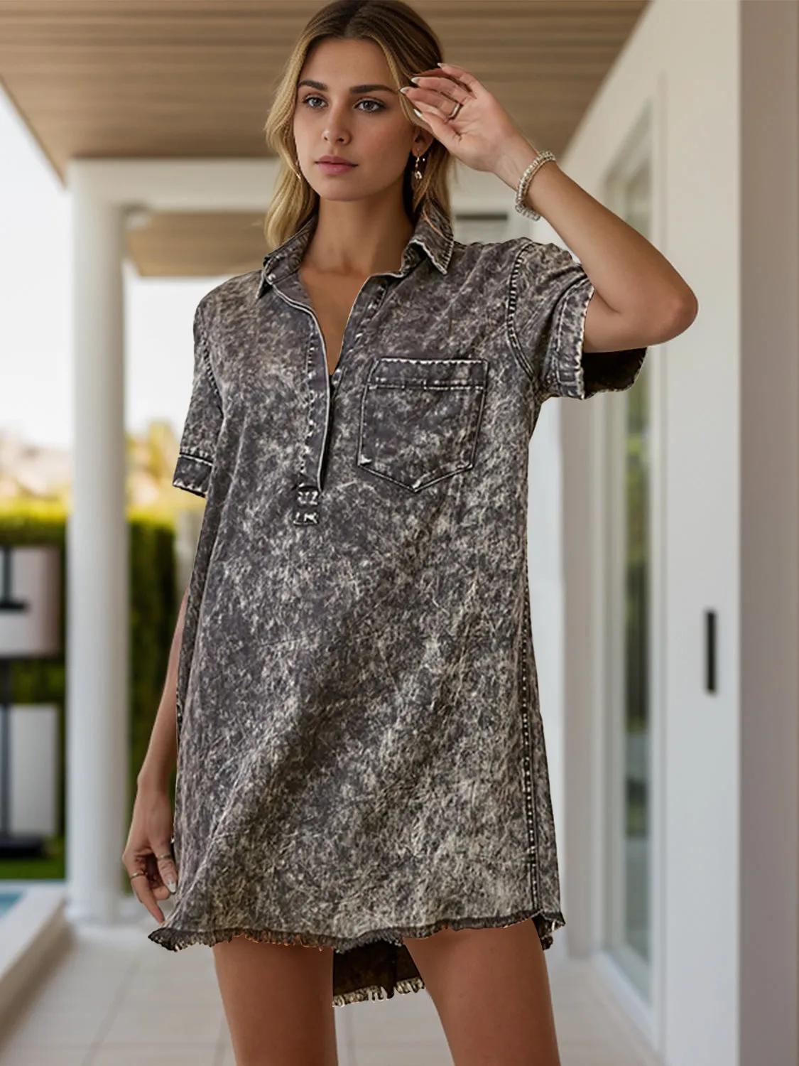 Sunset Vacation Pocketed Collared Neck Short Sleeve Denim Dress