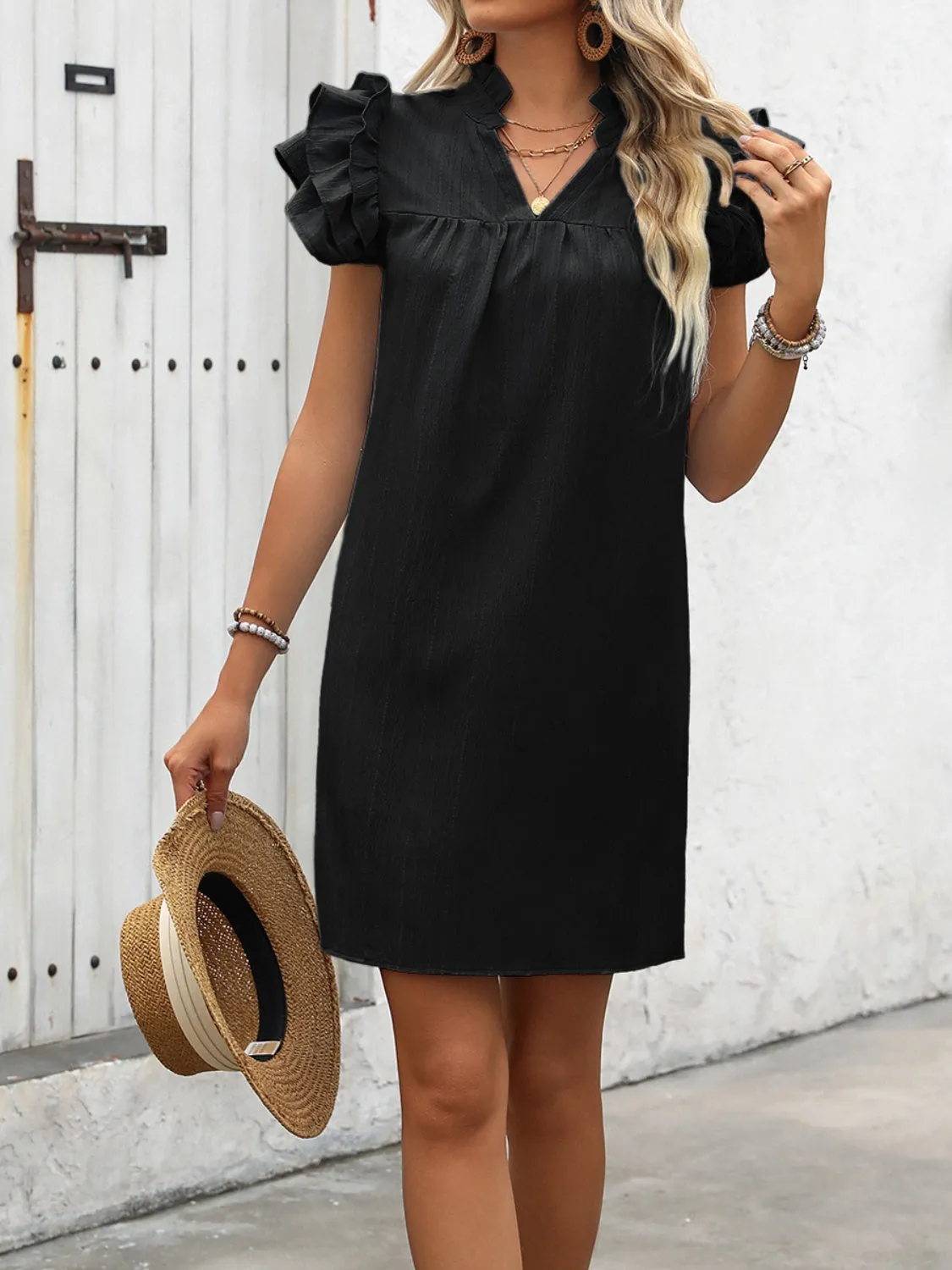 Sunset Vacation Ruffled Notched Cap Sleeve Mini Dress