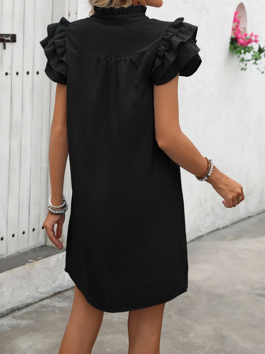 Sunset Vacation Ruffled Notched Cap Sleeve Mini Dress