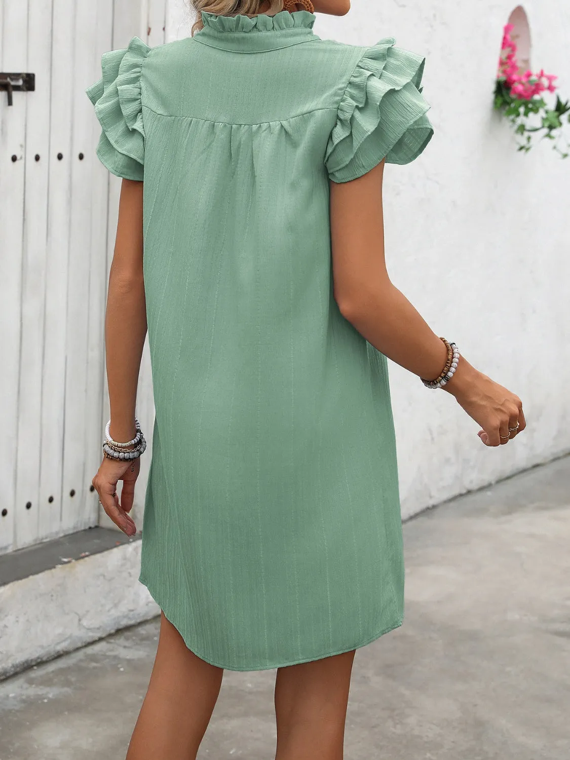 Sunset Vacation Ruffled Notched Cap Sleeve Mini Dress