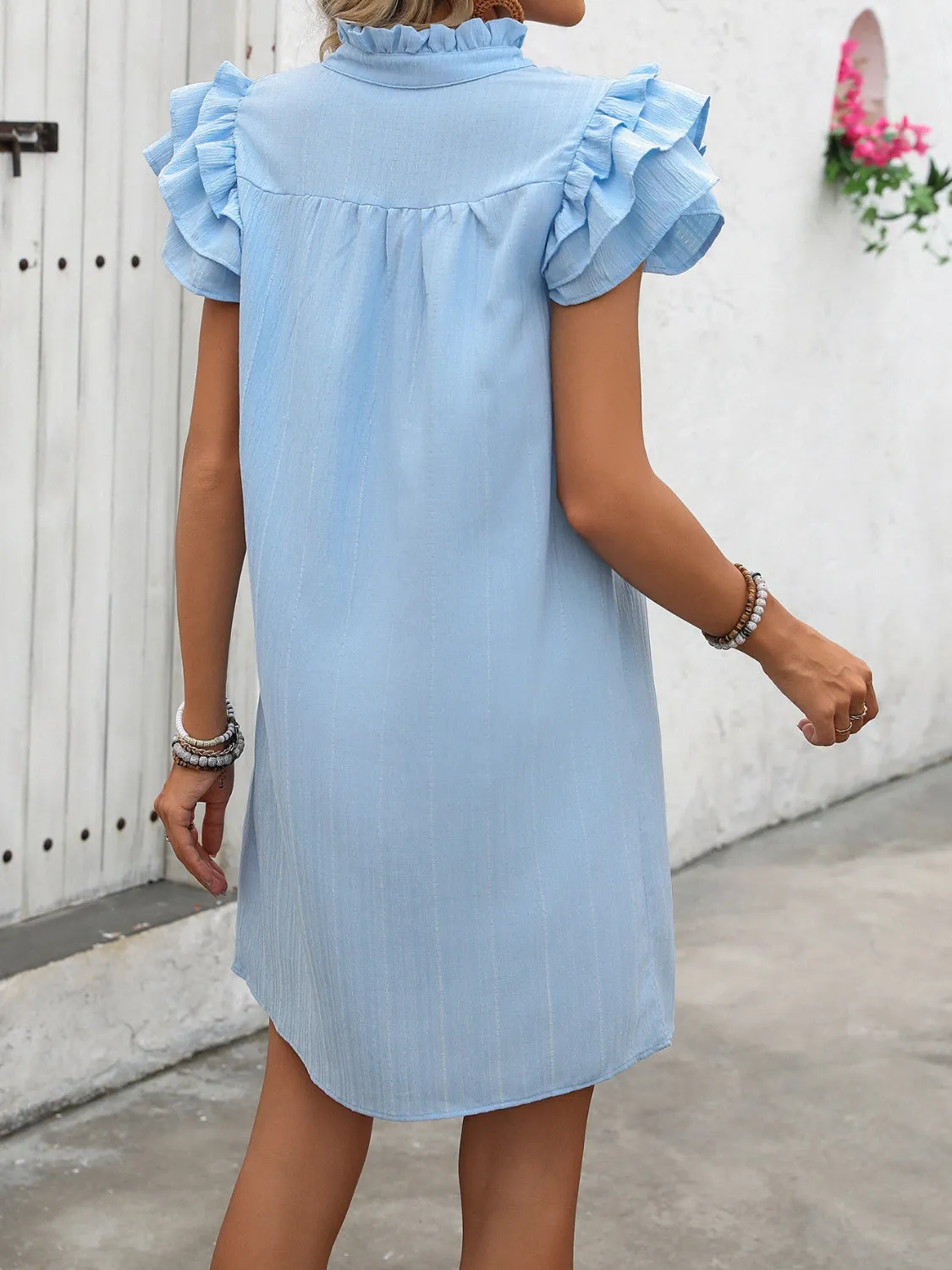 Sunset Vacation Ruffled Notched Cap Sleeve Mini Dress