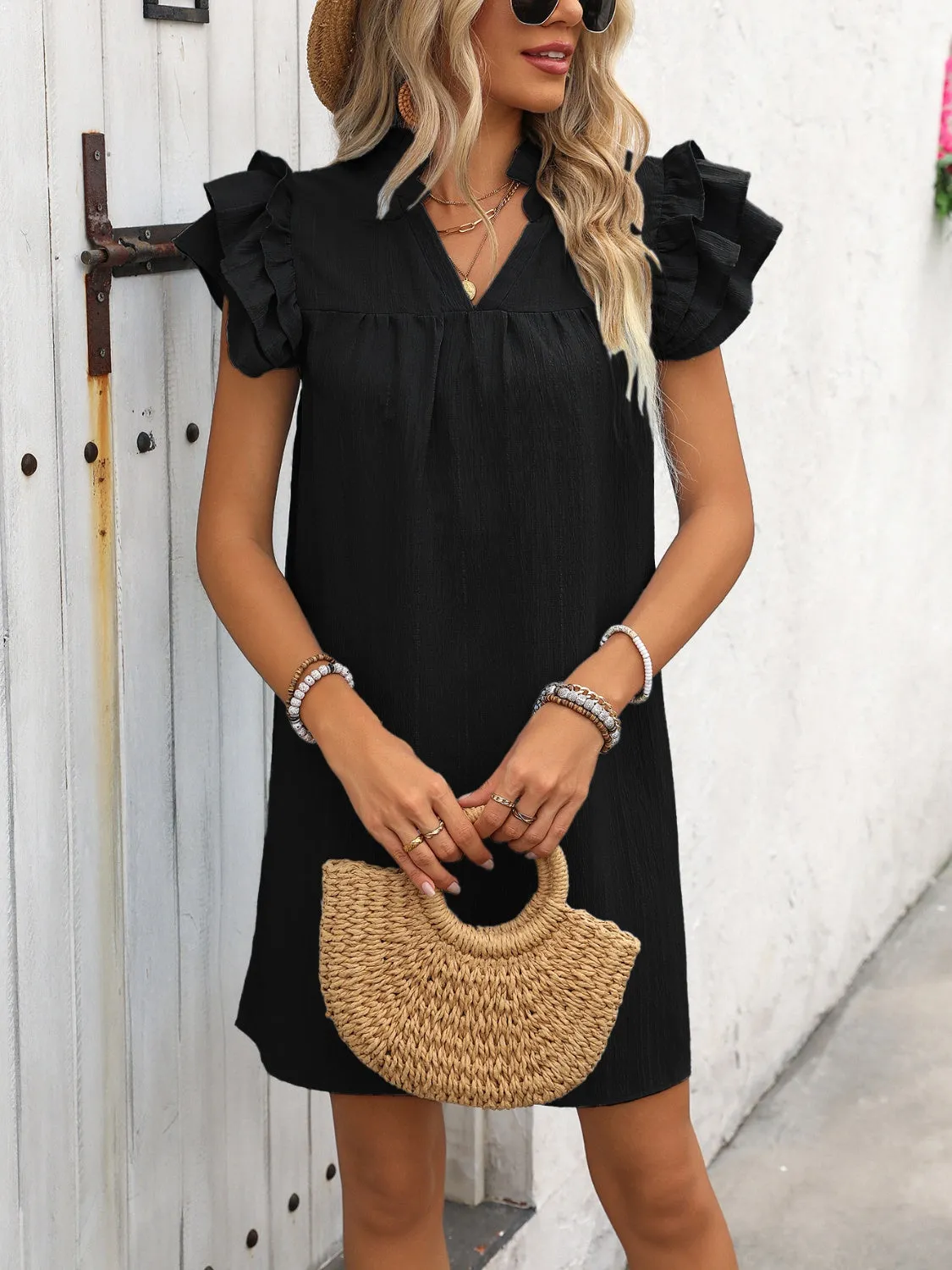 Sunset Vacation Ruffled Notched Cap Sleeve Mini Dress