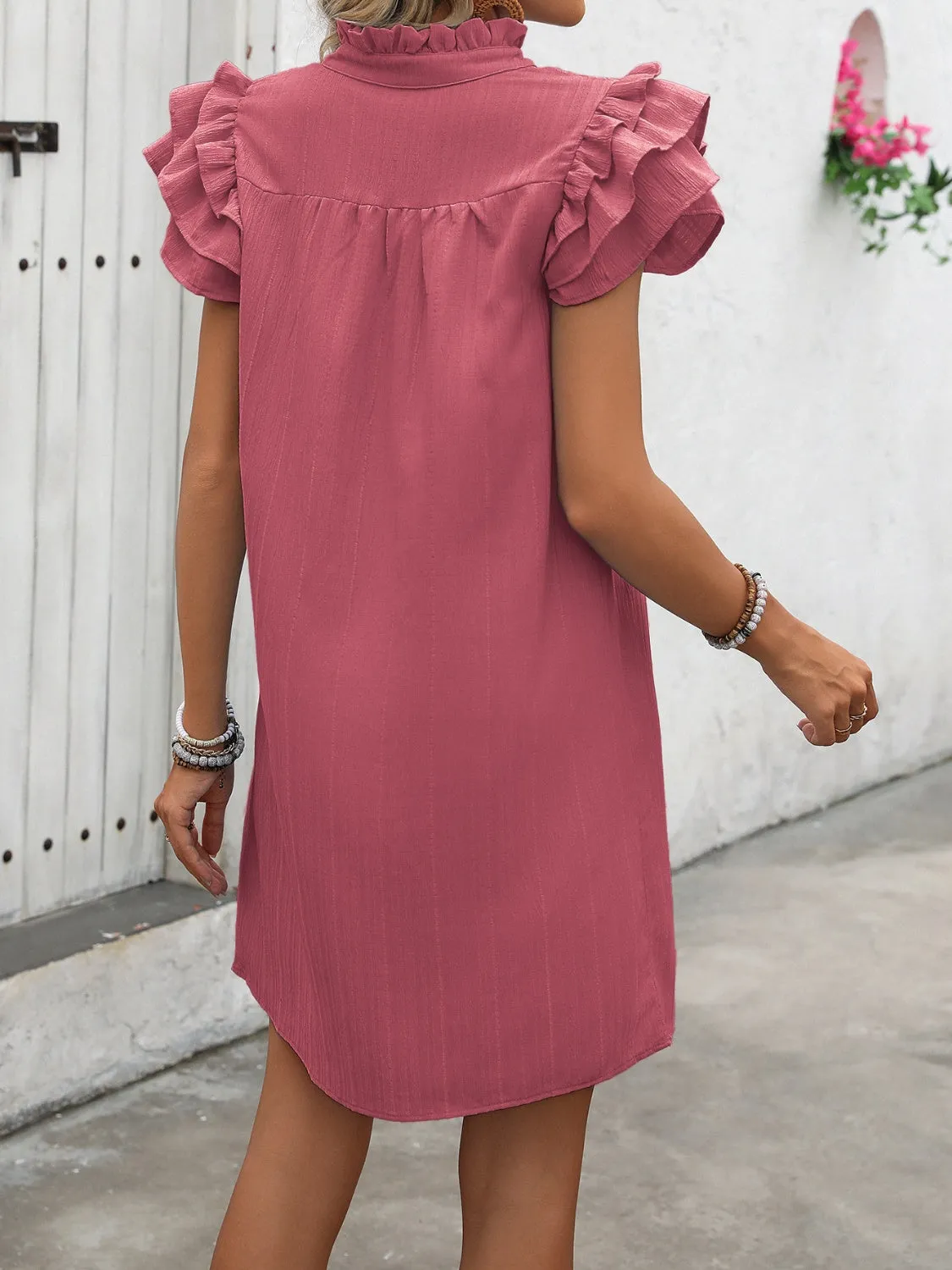 Sunset Vacation Ruffled Notched Cap Sleeve Mini Dress