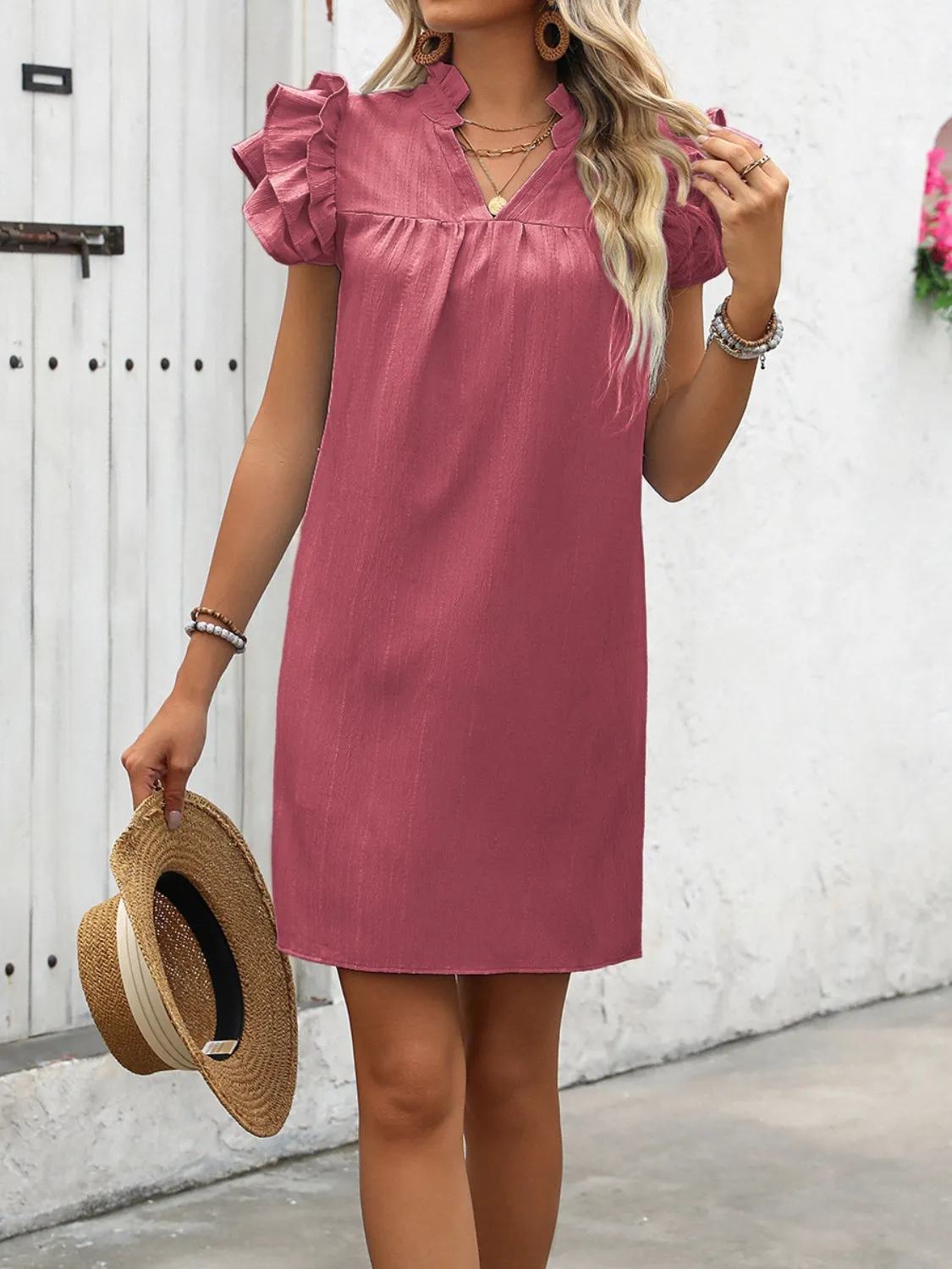 Sunset Vacation Ruffled Notched Cap Sleeve Mini Dress